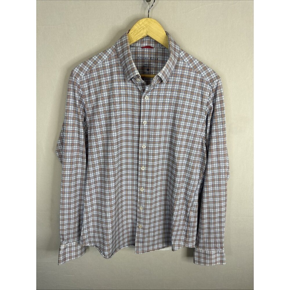 Stone Rose Shirt Mens Medium Blue Orange Check Stretch Button Up